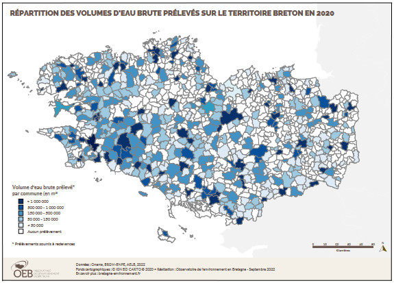 Carte répartition des volumes d'eau brute prélevés sur le territoire breton en 2020