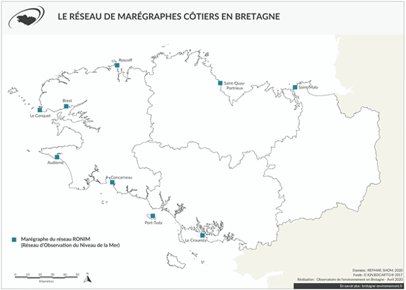 Carte du réseau de marégraphes côtiers en Bretagne