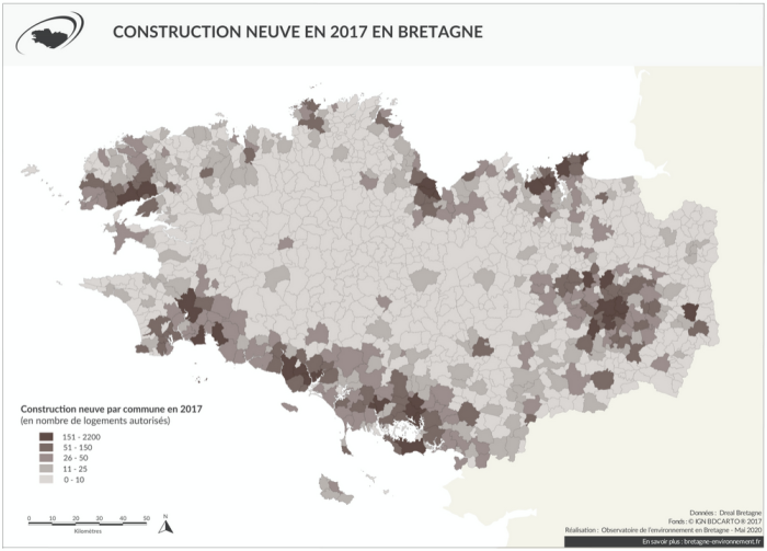 Carte Construction neuve en 2017 en Bretagne