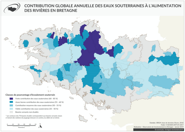 carte Contribution globale annuelle des eaux souterraines à l'alimentation des rivières bretonnes