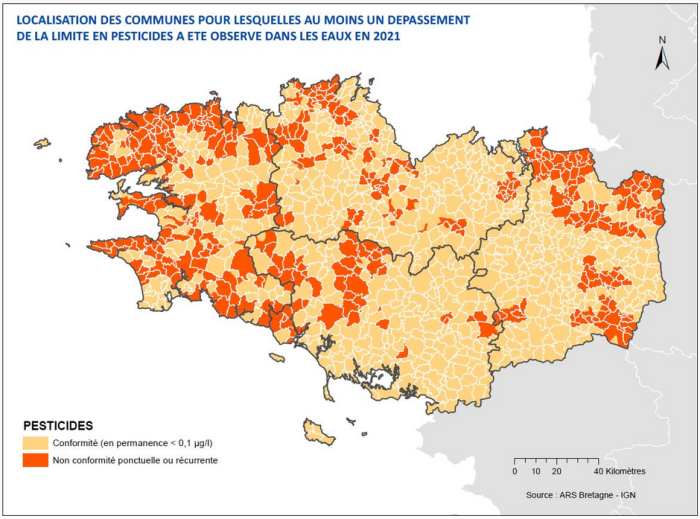 Carte Nitrates et pesticides dans les eaux distribuées en Bretagne 
