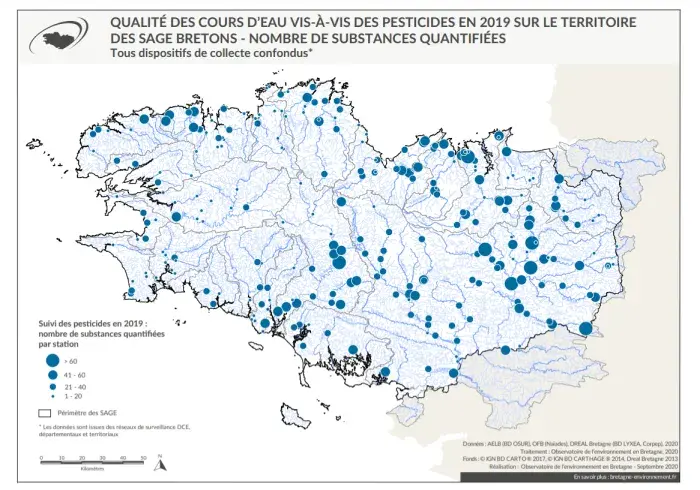 Carte Qualité des cours d'eau bretons vis-à-vis des pesticides en 2019 nombre de substances quantifiées
