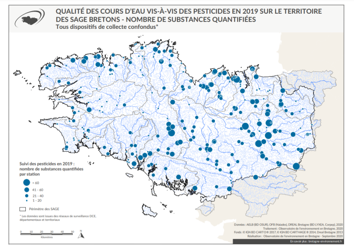 Carte Qualité des cours d'eau bretons vis-à-vis des pesticides en 2019 nombre de substances quantifiées