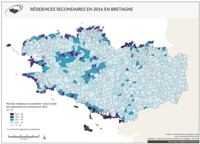 Carte Résidences secondaires en 2016 en Bretagne