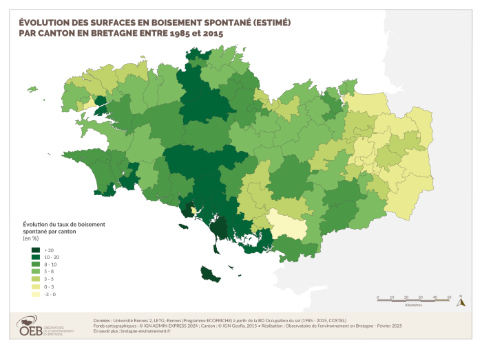 Evolution des surfaces de boisement spontané (estimé) par canton en Bretagne entre 1985 et 2015