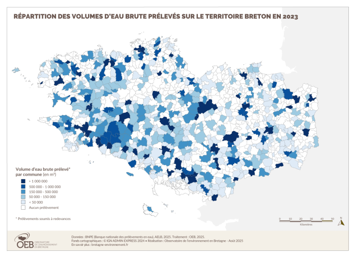 Carte : répartition des volumes d'eau brute prélevés sur le territoire breton en 2023