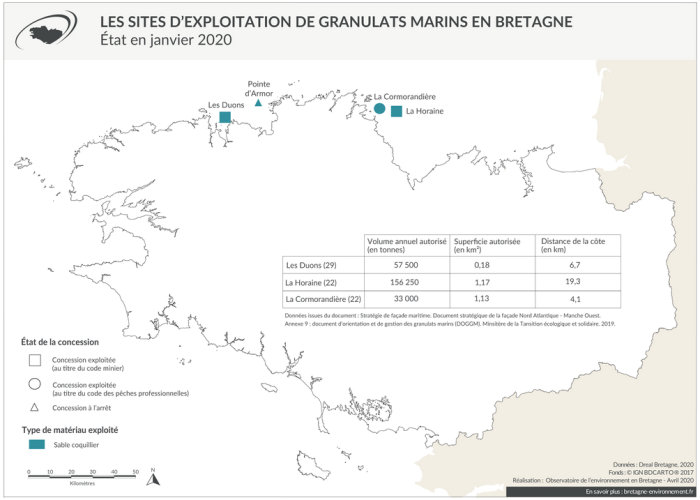 Carte Les sites d'exploitation de granulats marins en Bretagne