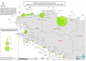 Surfaces couvertes par les ulves cumulées lors des 3 inventaires de surveillance de la saison 2024