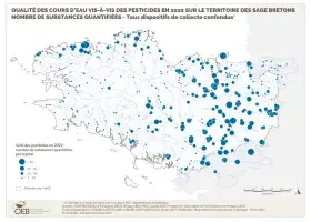 Qualité des cours d'eau bretons vis-à-vis des pesticides en 2022 - Nombre de substances quantifiées