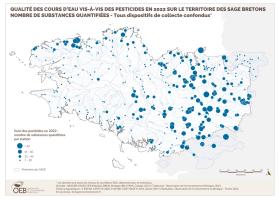 Qualité des cours d'eau bretons vis-à-vis des pesticides en 2022 - Nombre de substances quantifiées