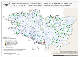 Qualité des cours d'eau bretons vis-à-vis de l'ammonium (Q90) en 2016