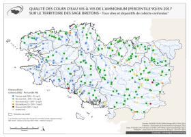 Qualité des cours d'eau bretons vis-à-vis de l'ammonium (Q90) en 2021Qualité des cours d'eau bretons vis-à-vis de l'ammonium (Q90) en 2017