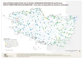 Qualité des cours d'eau bretons vis-à-vis de l'ammonium (Q90) en 2021