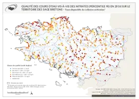 Qualité des cours d'eau bretons vis-à-vis des nitrates (Q90) en 2018