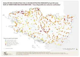 Qualité des cours d'eau bretons vis-à-vis des nitrates (Q90) en 2021