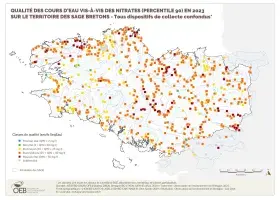 Qualité des cours d'eau bretons vis-à-vis des nitrates (Q90) en 2023