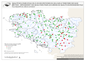 Qualité des cours d'eau bretons vis-à-vis des pesticides en 2016 - Dépassement des seuils fixés pour les normes de qualité environnementale (NQE)
