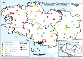 Etat des nappes d'eau souterraine de la Bretagne à fin août 2026