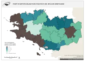 Part d'artificialisation par pays en 2016 en Bretagne