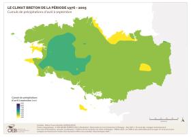 Le climat breton de la période 1976-2005 - Cumuls de précipitations d'avril à septembre