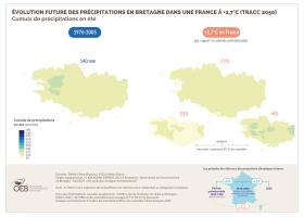Évolution future des précipitations en Bretagne dans une France à +2,7°C (TRACC 2050) - Cumuls de précipitations en été