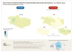 Évolution future des précipitations en Bretagne dans une France à +4°C (TRACC 2100) - Cumuls de précipitations en été