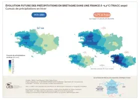 Évolution future des précipitations en Bretagne dans une France à +2,7°C (TRACC 2050) - Cumuls de précipitations en hiver