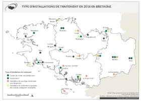 Localisation et types d'installations de traitement en 2018 en Bretagne