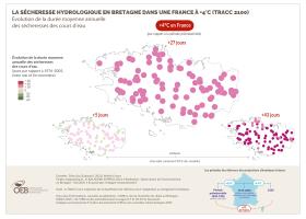 La sécheresse hydrologique en Bretagne dans une France à +4°C (TRACC 2100) - Évolution de la durée moyenne annuelle des sécheresses des cours d'eau