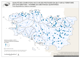 Qualité des cours d'eau bretons vis-à-vis des pesticides en 2017 - Nombre de substances quantifiées