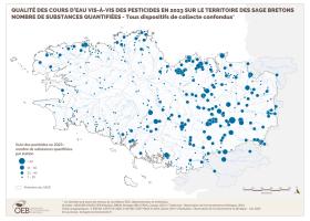 Qualité des cours d'eau bretons vis-à-vis des pesticides en 2023 - Nombre de substances quantifiées