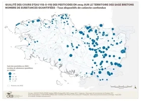 Qualité des cours d'eau bretons vis-à-vis des pesticides en 2024 - Nombre de substances quantifiées