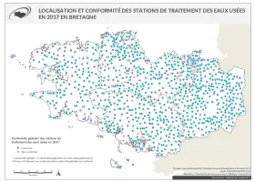 Localisation et conformité des stations de traitement des eaux usées en Bretagne en 2017