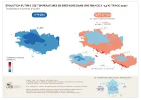 Évolution future des températures en Bretagne dans une France à +2,7°C (TRACC 2050) - Température moyenne annuelle