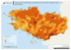 Densité de 53 mammifères continentaux autochtones (données 2011 - 2015)