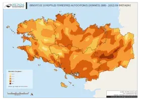 Densité de 10 reptiles terrestres autochtones (données 2000 - 2012)