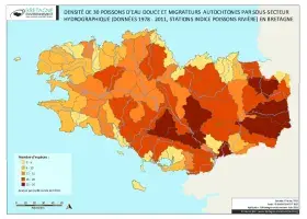 Densité de 30 poissons d'eau douce et migrateurs autochtones par sous-secteur hydrographique (données 1978 - 2011 stations Indice Poissons Rivière)