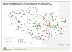 Installations de méthanisation en fonctionnement - Quantité d'énergie primaire et valorisation du biogaz - Situation janvier 2023