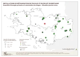 Installations de méthanisation en travaux et en projet - Quantité d'énergie primaire et valorisation du biogaz - Situation janvier 2023