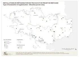 Installations de méthanisation en travaux et en projet - Type d'installation et hygiénisation - Situation janvier 2025