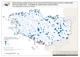 Qualité des cours d'eau bretons vis-à-vis des pesticides en 2019 - Nombre de substances quantifiées