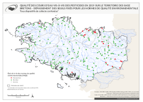 Qualité des cours d'eau bretons vis-à-vis des pesticides en 2019 - Dépassement des seuils fixés pour les normes de qualité environnementale (NQE)