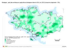 Part des surfaces en agriculture biologique dans la SAU en 2016 en Bretagne