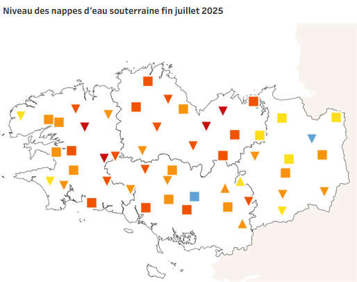 Carte des niveaux des nappes d'eau souterraine en Bretagne