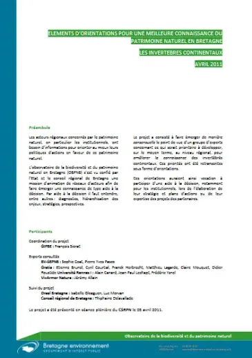 couv Eléments d'orientation pour une meilleure connaissance des invertébrés continentaux en Bretagne